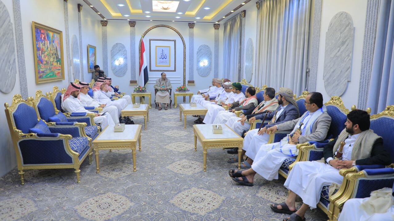 A handout photo released by Yemen’s Houthi-run Saba News Agency shows the Omani and Saudi delegations in meeting Houthi officials, on April 09, 2023, in Sana’a, Yemen. Photo Handout/Saba News Agency via Getty Images.