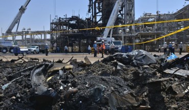 A destroyed installation in Saudi Arabia's Khurais oil processing plant is pictured on September 20, 2019.