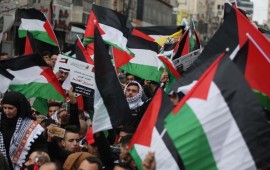 Thousands of protesters gather at Al-Manara Square to protest against U.S. President Donald Trump's Middle East plan, in Ramallah, West Bank on February 11, 2020.