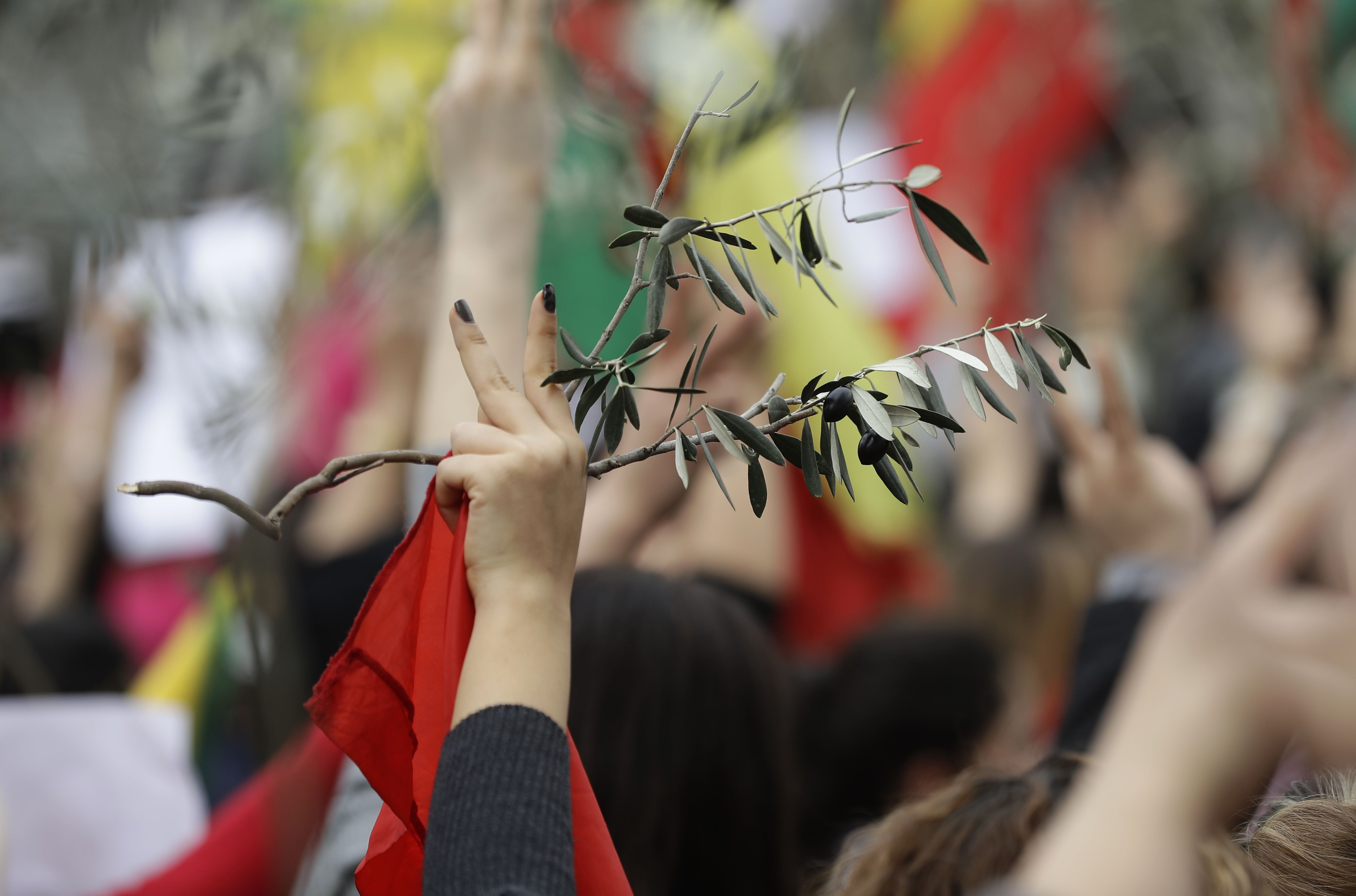 A Lebanese-Kurd holds an olive branch as they take part in a demonstration in front of the US embassy in Aaoukar, north of Beirut, against the ongoing Turkish offensive in the Syrian-Kurdish enclave of Afrin on February 5, 2018. / AFP PHOTO / JOSEPH EID (Photo credit should read JOSEPH EID/AFP via Getty Images)