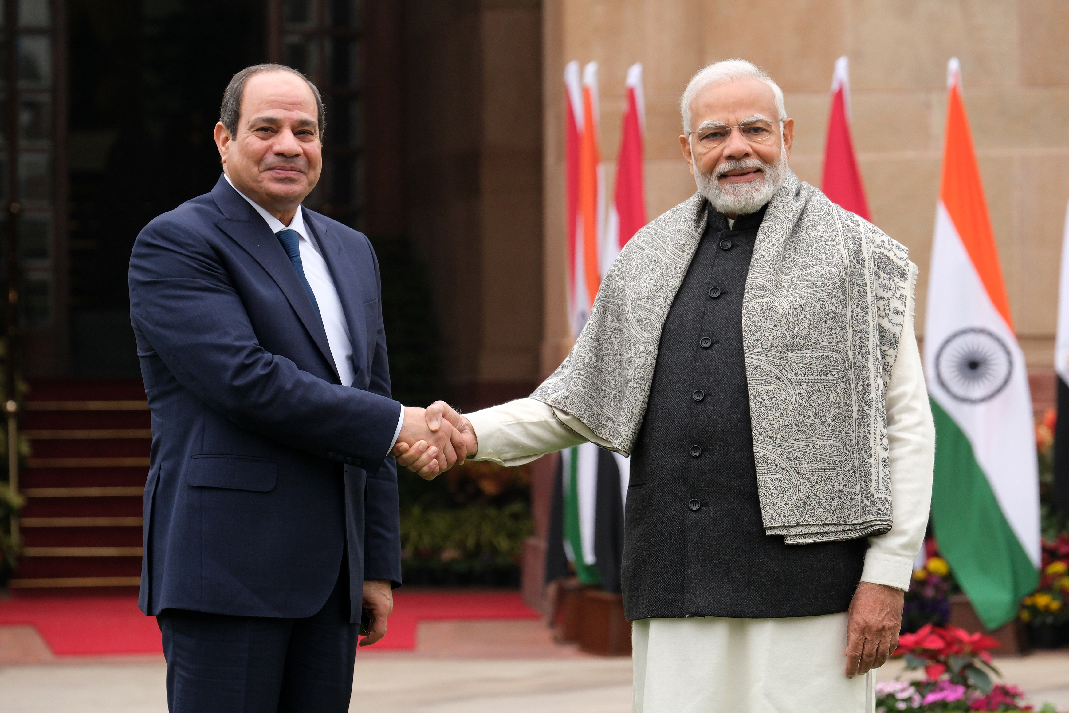 Narendra Modi, India's prime minister, right, greets Abdel-Fattah El-Sisi, Egypt's president, before the start of their meeting at Hyderabad House in New Delhi, India, on Wednesday, Jan. 25, 2023. 