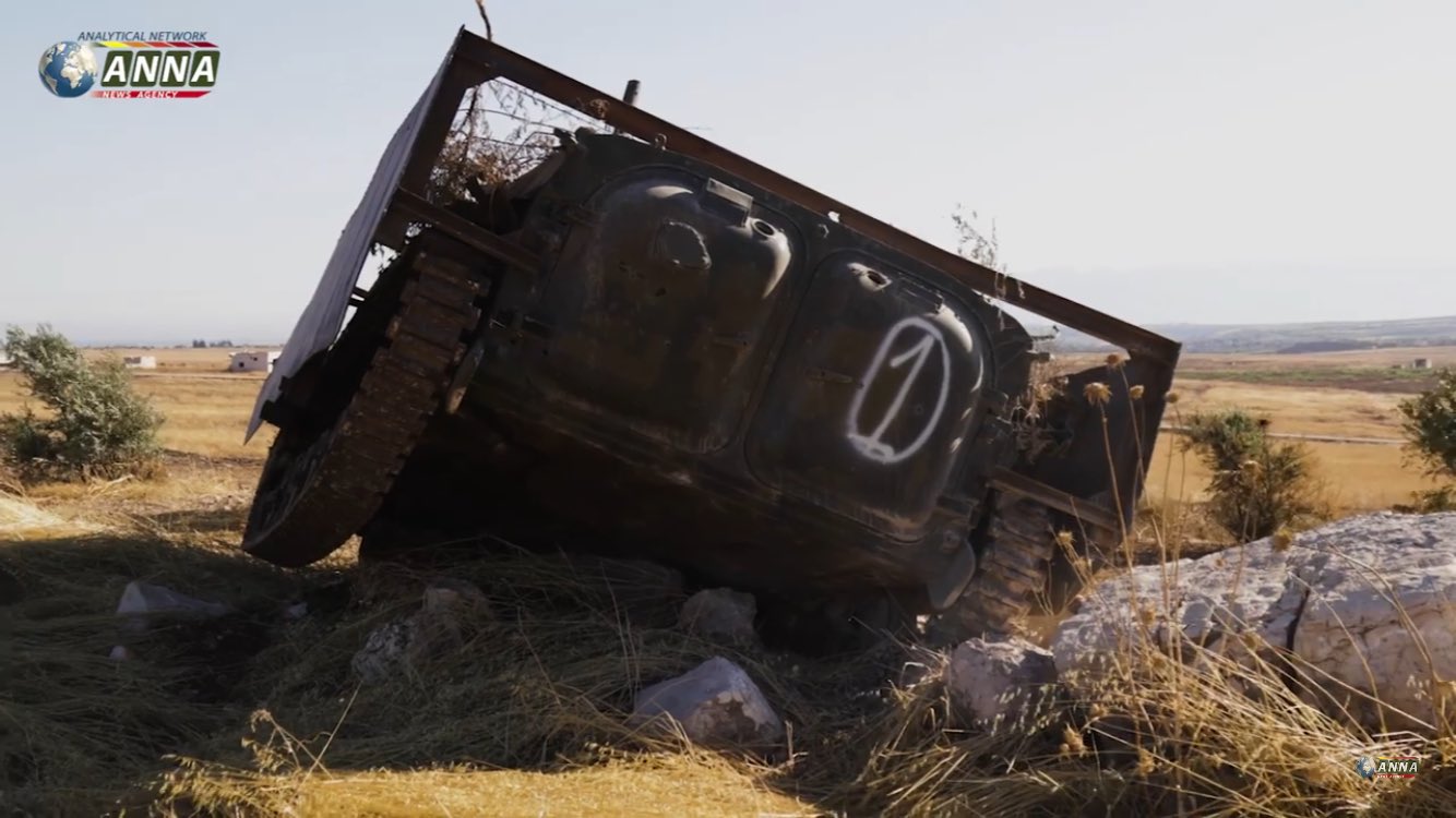 An HTS up-armored BMP-1 SVBIED that got stuck near Sakhr village southeast of Kafr Nabudah sometime between May 12 and 26, 2019, shown here in a video from ANNA news.