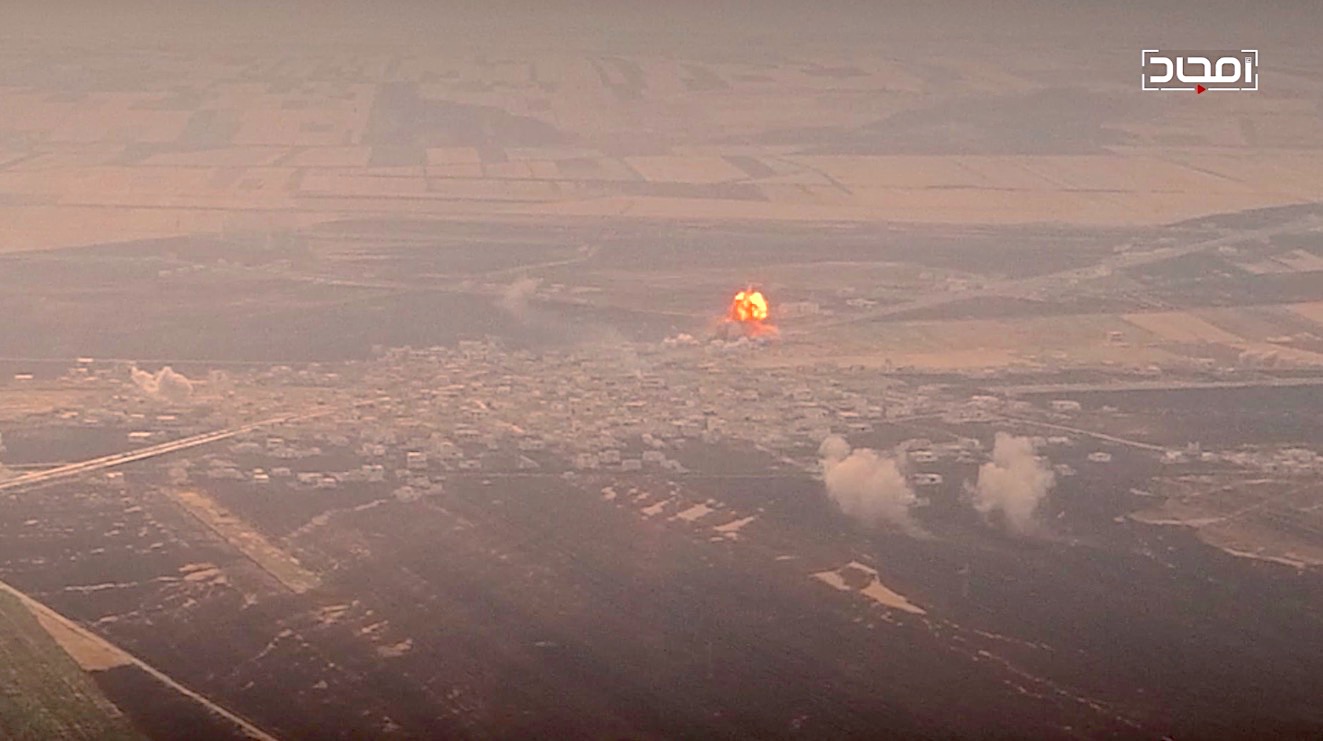 HTS drone footage showing an up-armored SVBIED detonating at its target in Jalmeh, northern Hama on June 8, 2019.