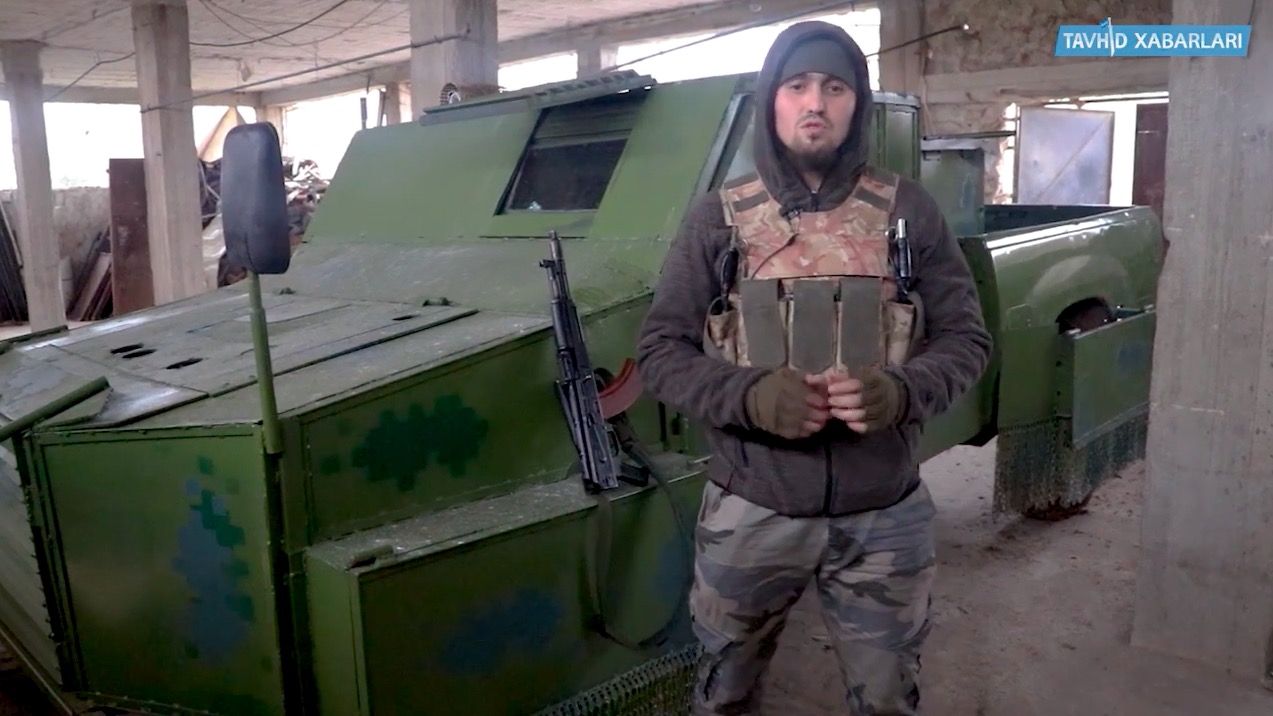 An up-armored SVBIED used by HTS subgroup Katibat al-Tawhid wal-Jihad against a loyalist position near Deir al-Kabirah in the Zawiyah Mountains on March 1, 2020