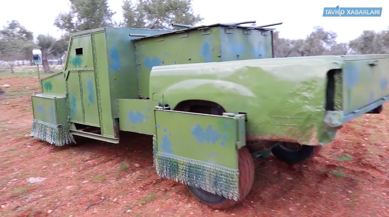 An up-armored SVBIED used by HTS subgroup Katibat al-Tawhid wal-Jihad against a loyalist position near Deir al-Kabirah in the Zawiyah Mountains on March 1, 2020