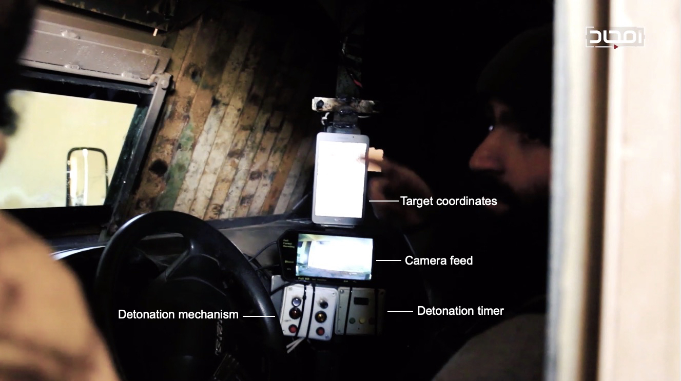 The interior of an HTS up-armored SVBIED used against a loyalist position near al-Sahafiyeen on Jan. 31, 2020, where all the technological components of the SVBIED are visible.