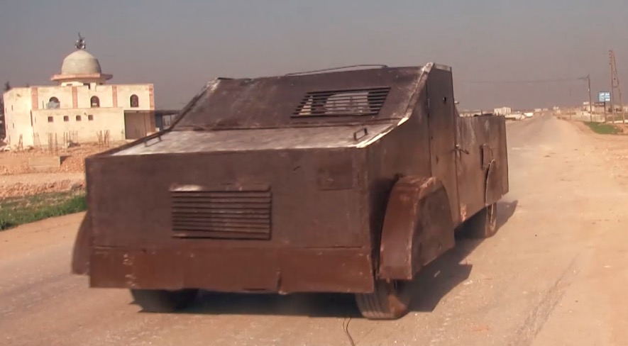 An up-armored SVBIED based on a pick-up truck used by HTS against a Syrian loyalist position near Soruj in southeast Idlib Province on Jan. 20, 2018.