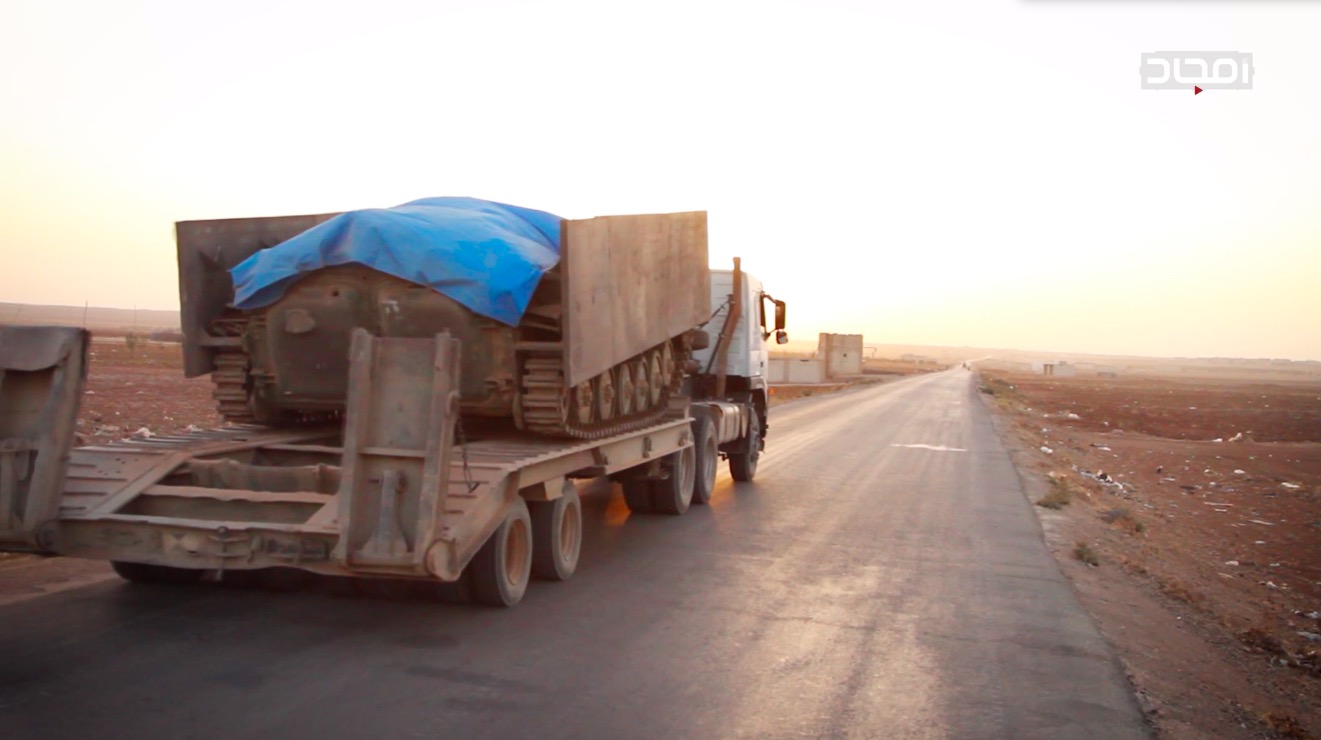 An up-armored BMP-1 SVBIED transported to the frontline, to be used against a Syrian Army position near Abu Dali in south Idlib Province on Oct. 8, 2017.