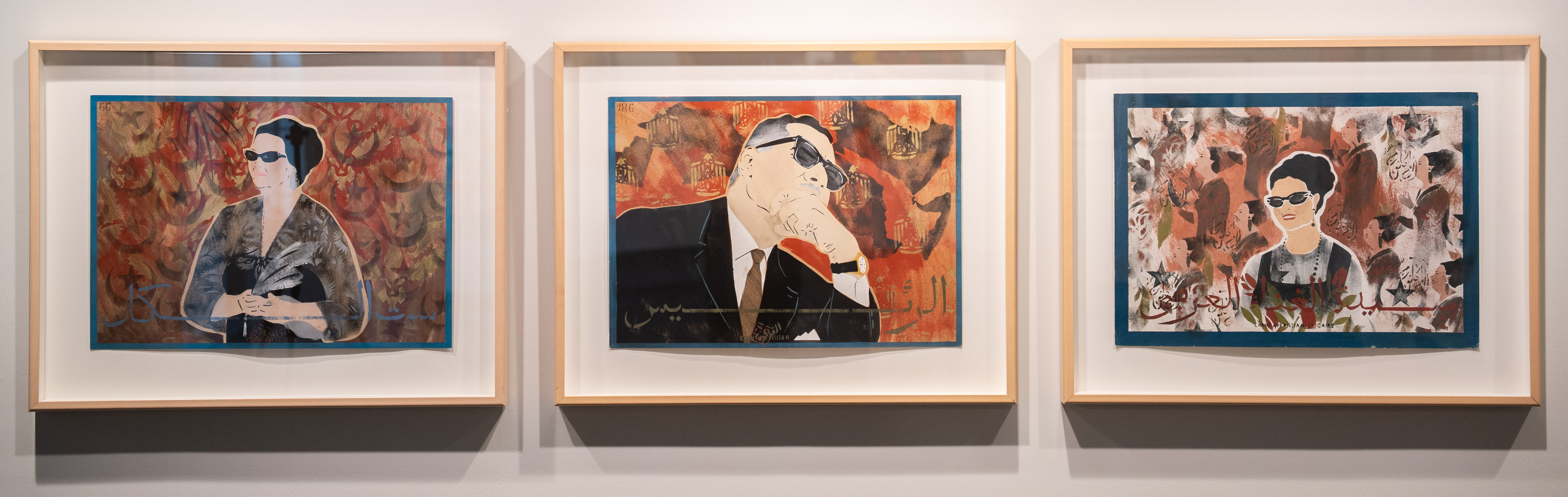 Chant Avedissian, left: Om Kasloum (1991), center: Al Rais (The leader, Nasser (1991), right: Sitt El Kol (1990-1991). Courtesy of the World Bank art collection, Washington D.C. and the Estate of Chant Avedissian, Sabrina Amrani Gallery.