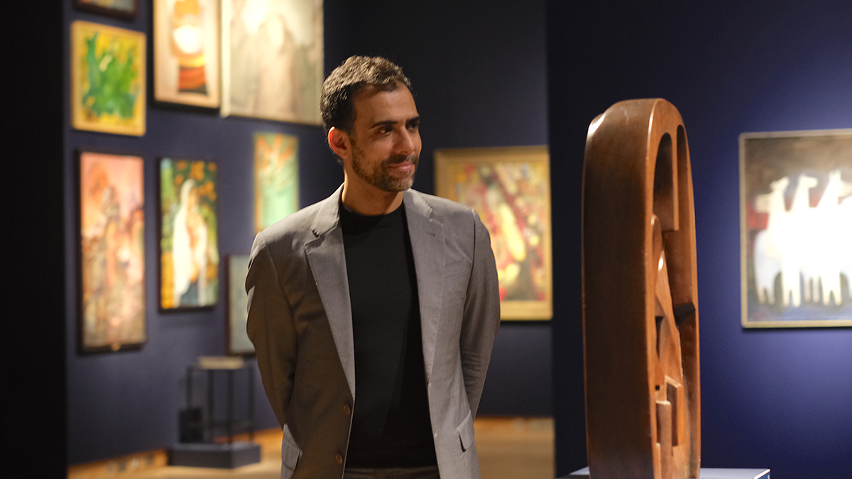 Ridha Mouni is next to “Interform” a sculpture by Saloua Raouda Choucair