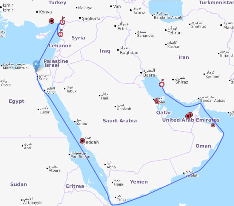 Figure 2: A map of the route taken by the only Iranian tanker that managed to deliver crude oil to Syria between November 2018 and May 2019.