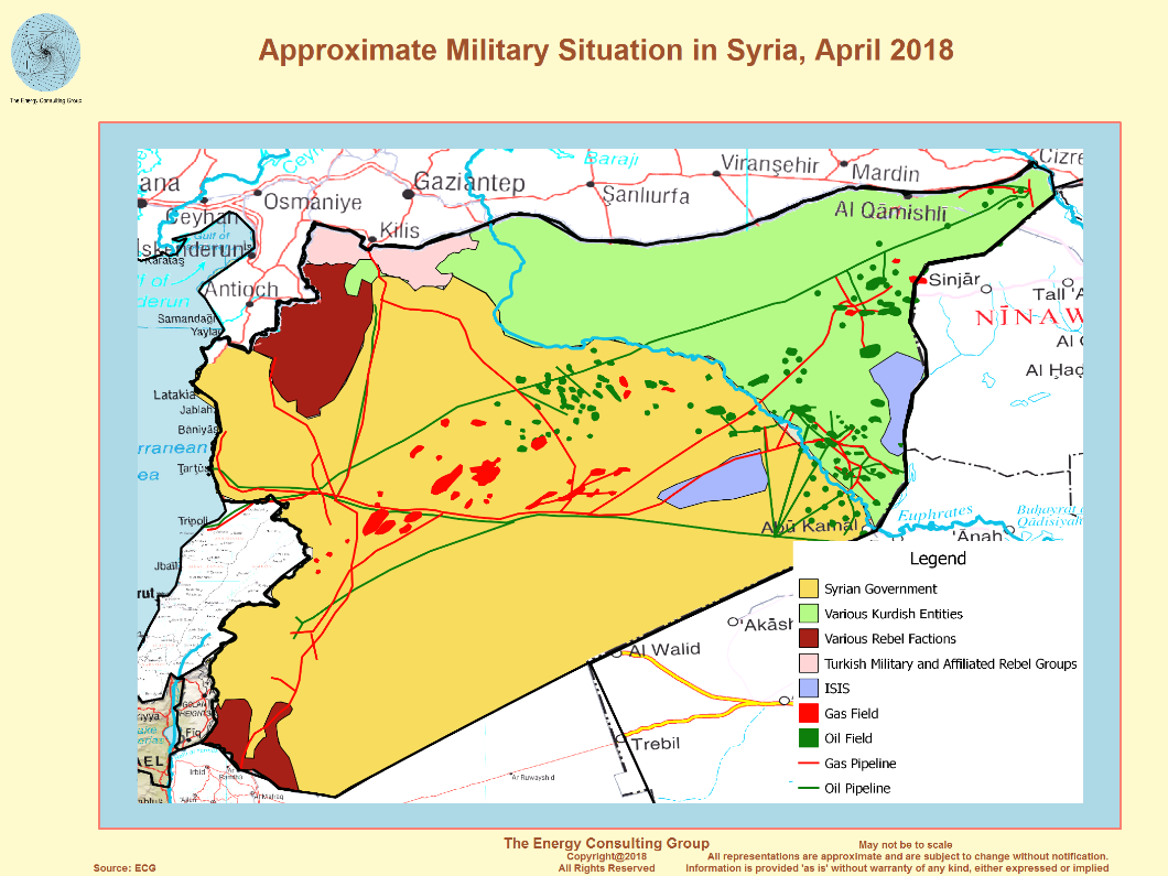 Figure 4: Syria energy sources and military control as of April 2018.