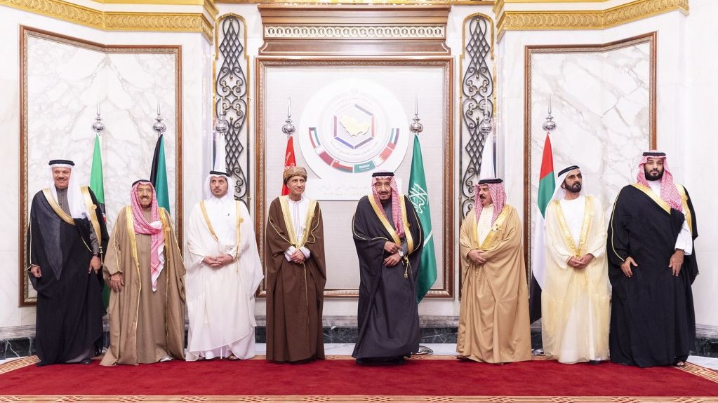 Saudi Arabian King Salman bin Abdulaziz al-Saud (C) poses for a family photo with Emir of Dubai Sheikh Mohammed bin Rashid Al Maktoum (2nd R), Crown Prince of Saudi Arabia Mohammad bin Salman (R), Bahrain King Hamed bin Isa Al Khalifa (3rd R), Oman Deputy Prime Minister Fahd bin Mahmoud Al Said (4th L) and Kuwaiti Emir Sheikh Jaber al-Ahmad al-Sabah (2nd L) prior to the 40th Gulf Cooperation Council (GCC) annual summit in Riyadh, Saudi Arabia on December 10, 2019. 