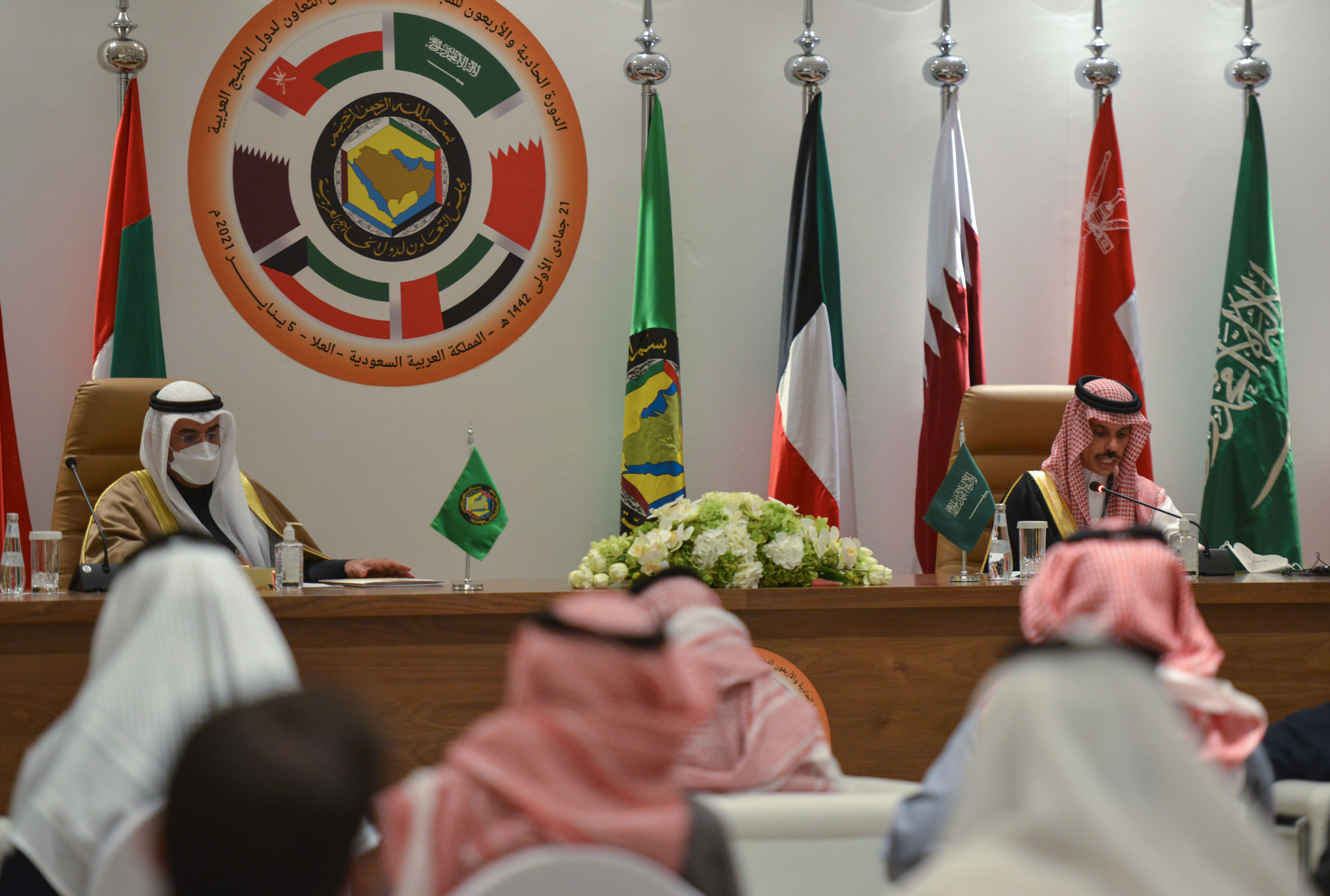 Saudi Foreign Minister Faisal bin Farhan al-Saud (R) and Secretary-General of the GCC Nayef bin Falah Al-Hajraf, hold a press conference at the end of the GCC’s 41st summit, in the city of al-Ula in northwestern Saudi Arabia on January 5, 2021. Photo by FAYEZ NURELDINE/AFP via Getty Images.