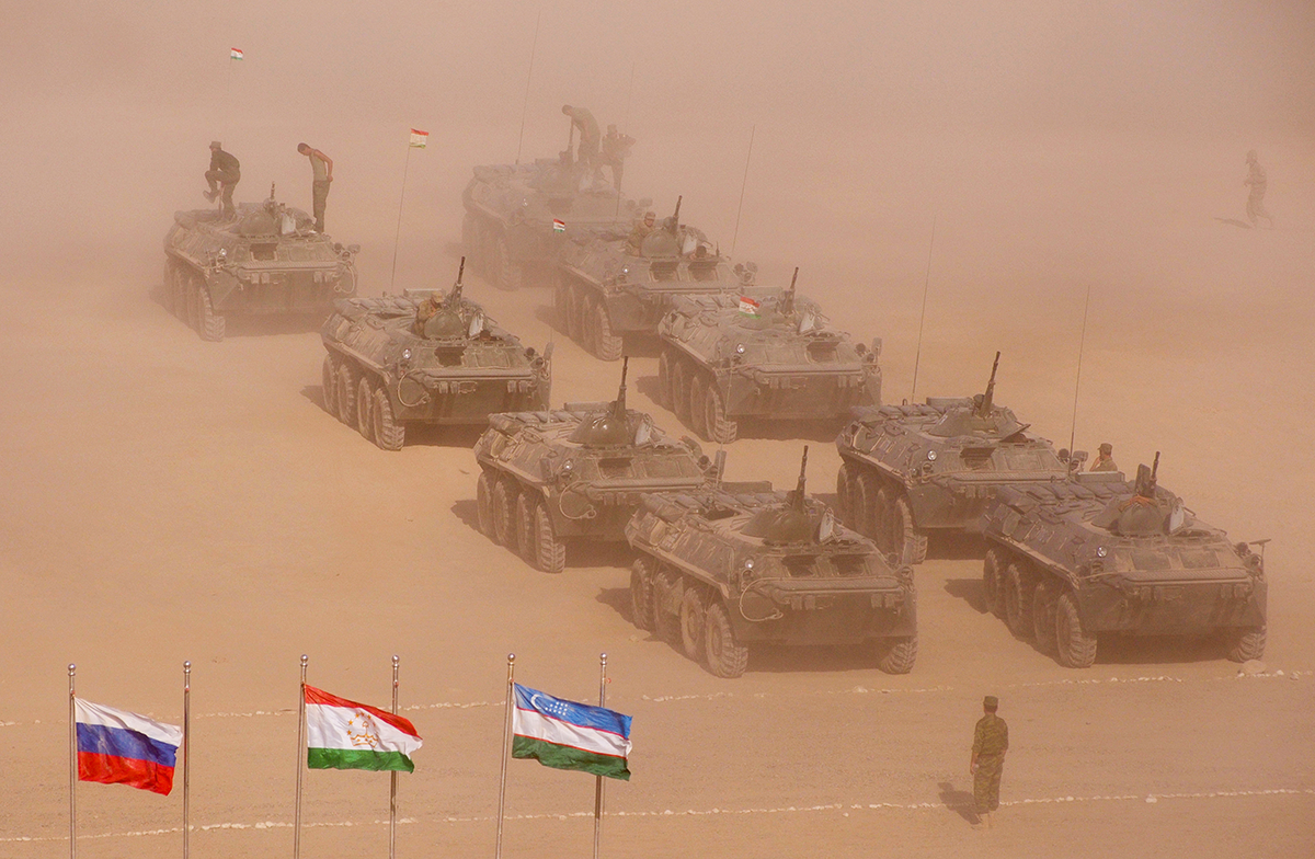 A joint military exercise by Russia, Tajikistan, and Uzbekistan on the Harb-Maidon military training ground, 20 km from the border to Afghanistan, on August 10, 2021. Photo by Nozim Kalandarov\TASS via Getty Images.