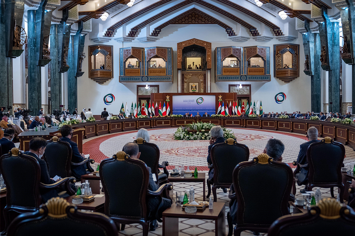 Iraqi Prime Minister Mustafa al-Kadhimi and various other regional leaders pose for a photo during the Baghdad Conference for Cooperation & Partnership in Baghdad, Iraq on August 28, 2021. (Photo by Royal Hashemite Court/Handout)