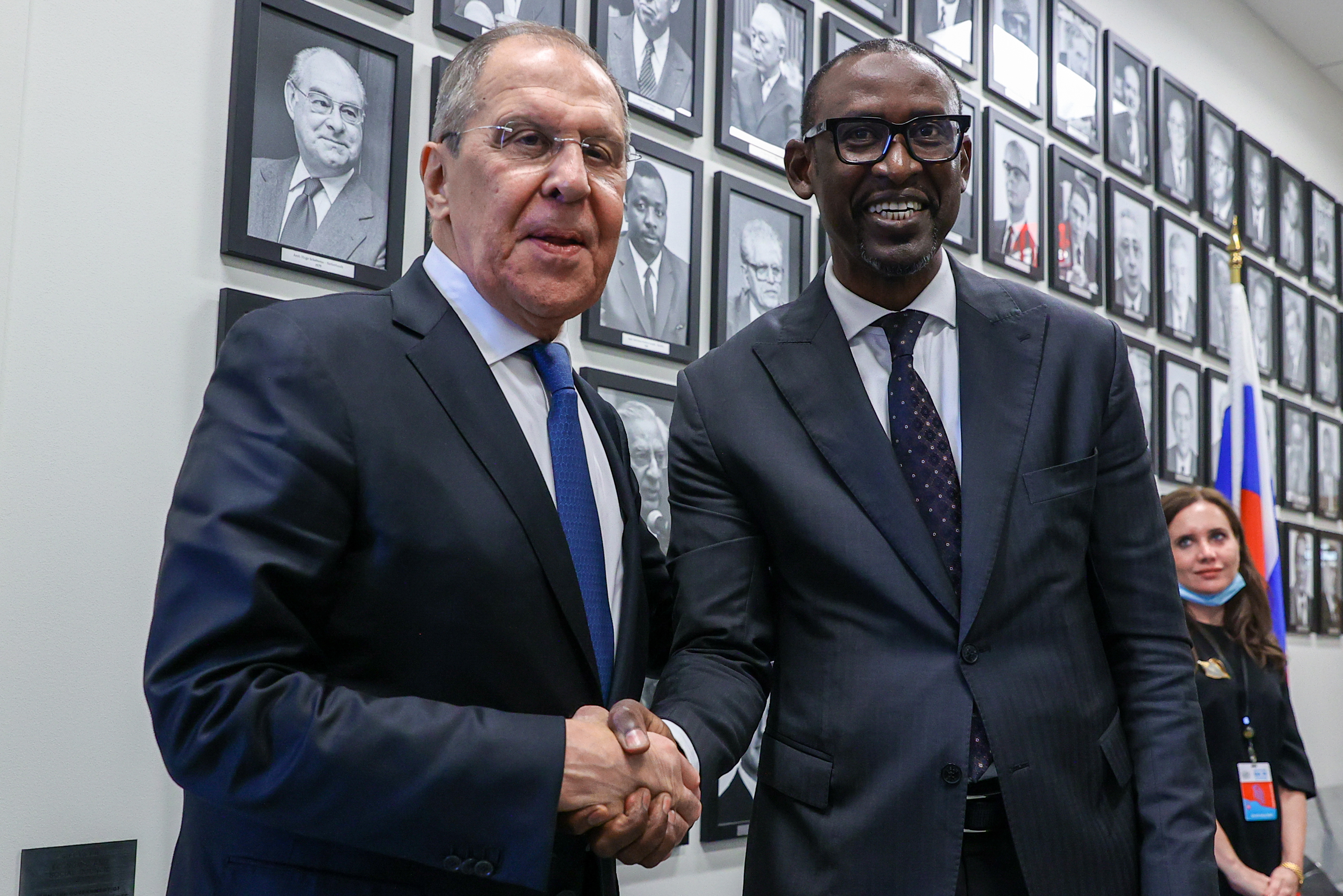 Photo above: Russian Foreign Minister Sergei Lavrov (L) and Malian Minister of Foreign Affairs Abdoulaye Diop shake hands during a meeting on the sidelines of the United Nations General Assembly on Sept, 25, 2021. Photo by Russian Foreign MinistryTASS via Getty Images.