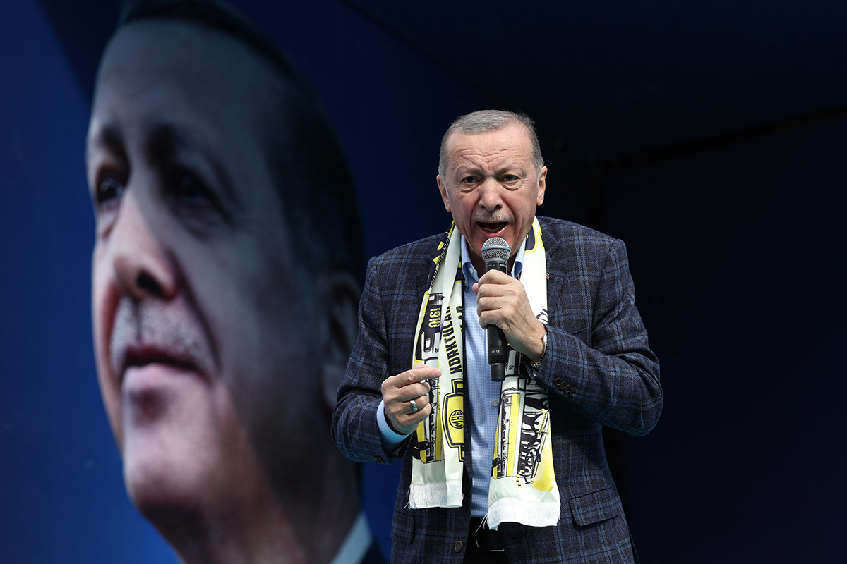 Turkish President and People’s Alliance’s presidential candidate Recep Tayyip Erdoğan delivers a speech during an election campaign rally in Ankara, on April 30, 2023. Photo by ADEM ALTAN/AFP via Getty Images.