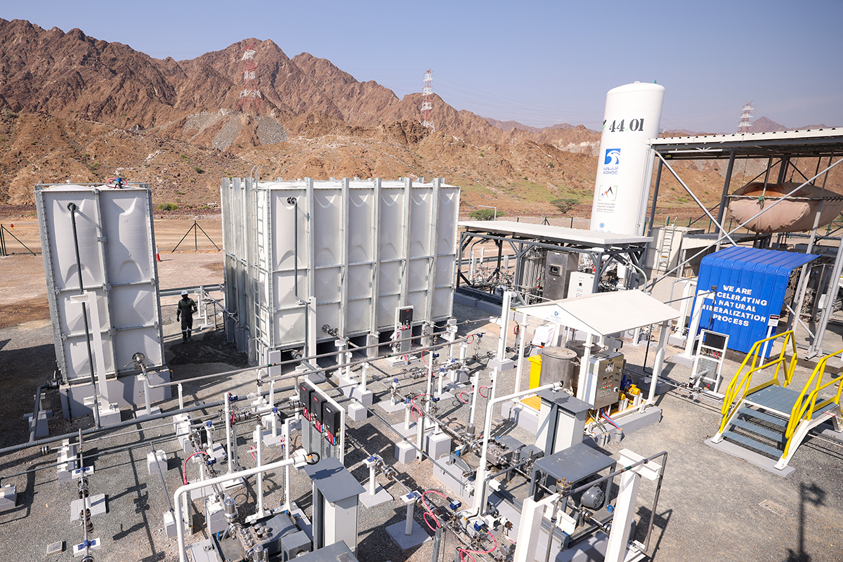 A solar-powered ADNOC plant in Fujairah that will, using novel technology, suck carbon dioxide from the air, dissolve it in seawater, and inject it deep underground, where it will mineralize over a period of months. Photo by KARIM SAHIB/AFP via Getty Images.