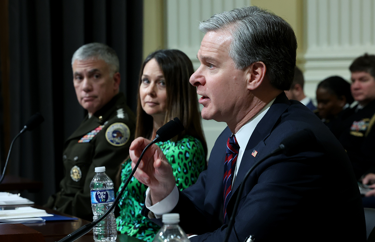 Gen. Paul Nakasone, Commander of U.S. Cyber Command; Jen Easterly, Director of the Cybersecurity and Infrastructure Security Agency; and Christopher Wray, FBI Director, testify before a House committee on Jan. 31, 2024. Photo by Kevin Dietsch/Getty Images.