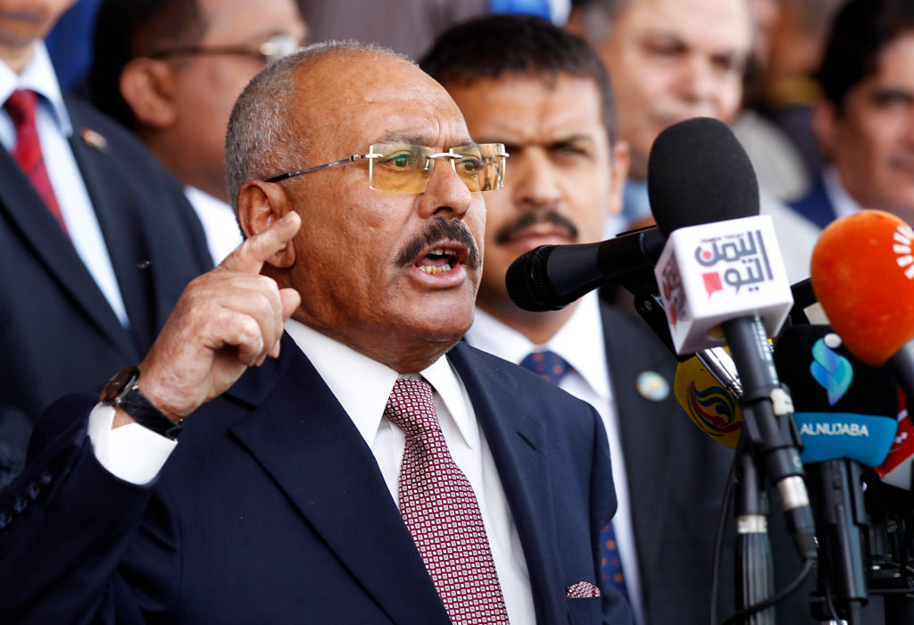 Yemen's ex-president Ali Abdullah Saleh gives a speech addressing his supporters during a rally as his General People's Congress party, marks 35 years since its founding, at Sabaeen Square in the capital Sanaa on August 24, 2017. 