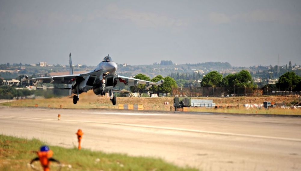 A Russian Sukhoi Su-35 fighter takes off at the Russian military base of Hmeimim, located south-east of the city of Latakia in Hmeimim, Latakia Governorate, Syria, on September 26, 2019.  (Photo by MAXIME POPOV/AFP via Getty Images)