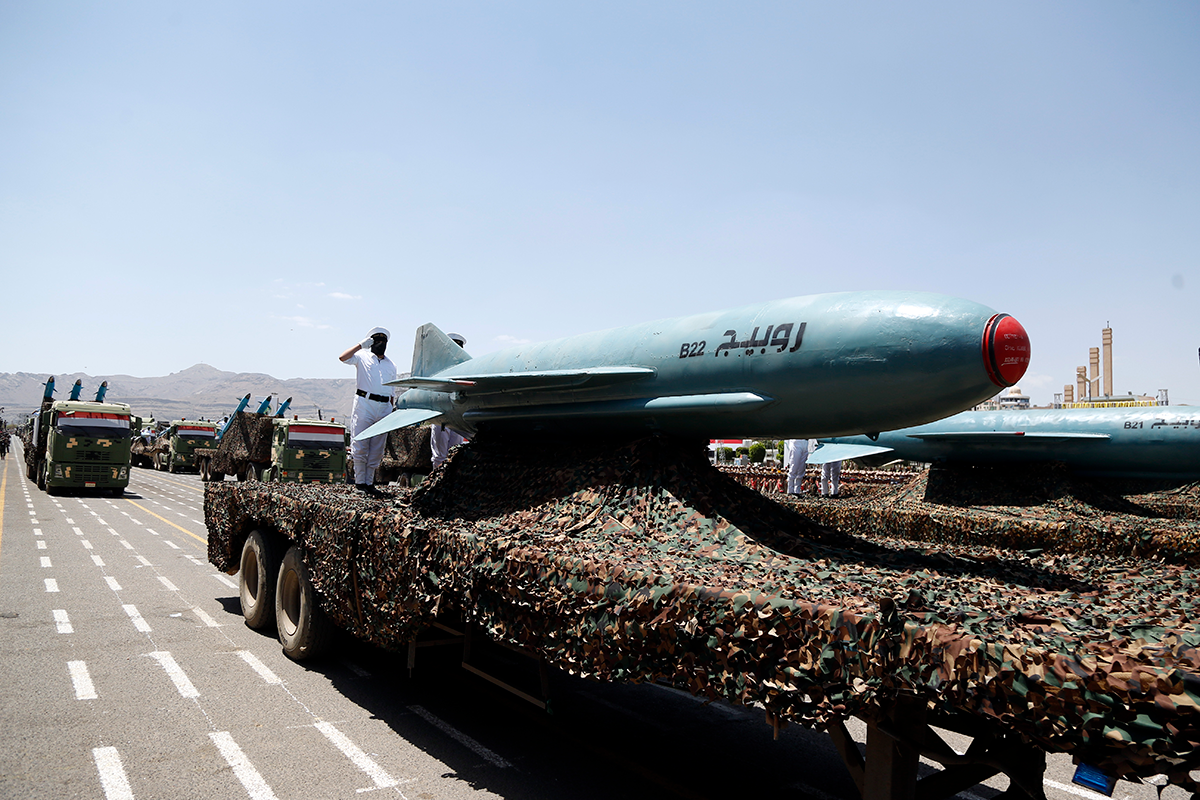 The Houthis hold a military parade commemorating the ninth anniversary of their takeover of Sana’a on September 21, 2023 in Sana’a, Yemen. Photo by Mohammed Hamoud/Getty Images.