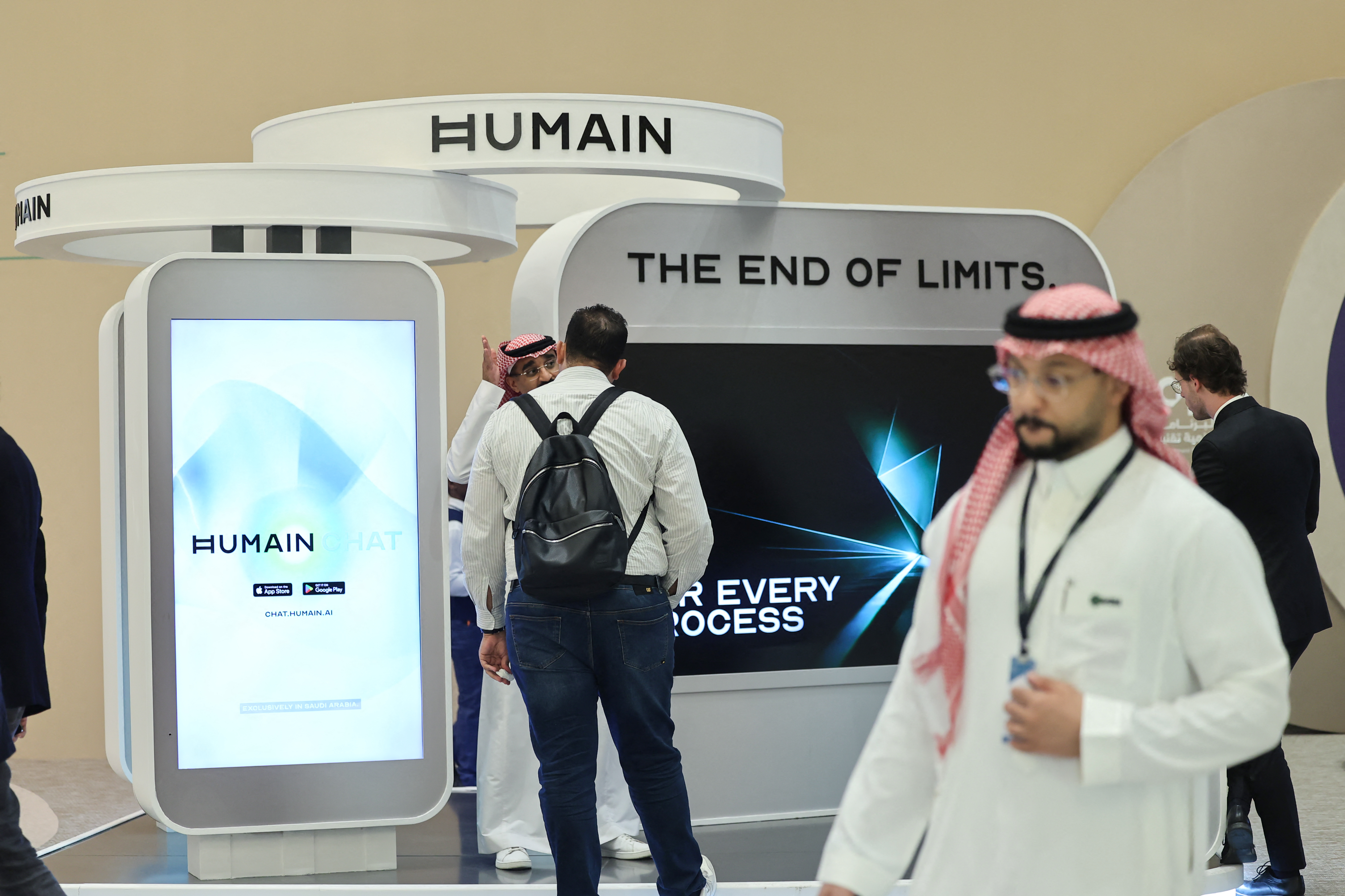 Photo above: Guests stand at the booth of Saudi artificial intelligence company HUMAIN during the Future Investment Initiative (FII) conference in Riyadh on October 29, 2025. Photo by Fayez Nureldine/AFP via Getty Images.