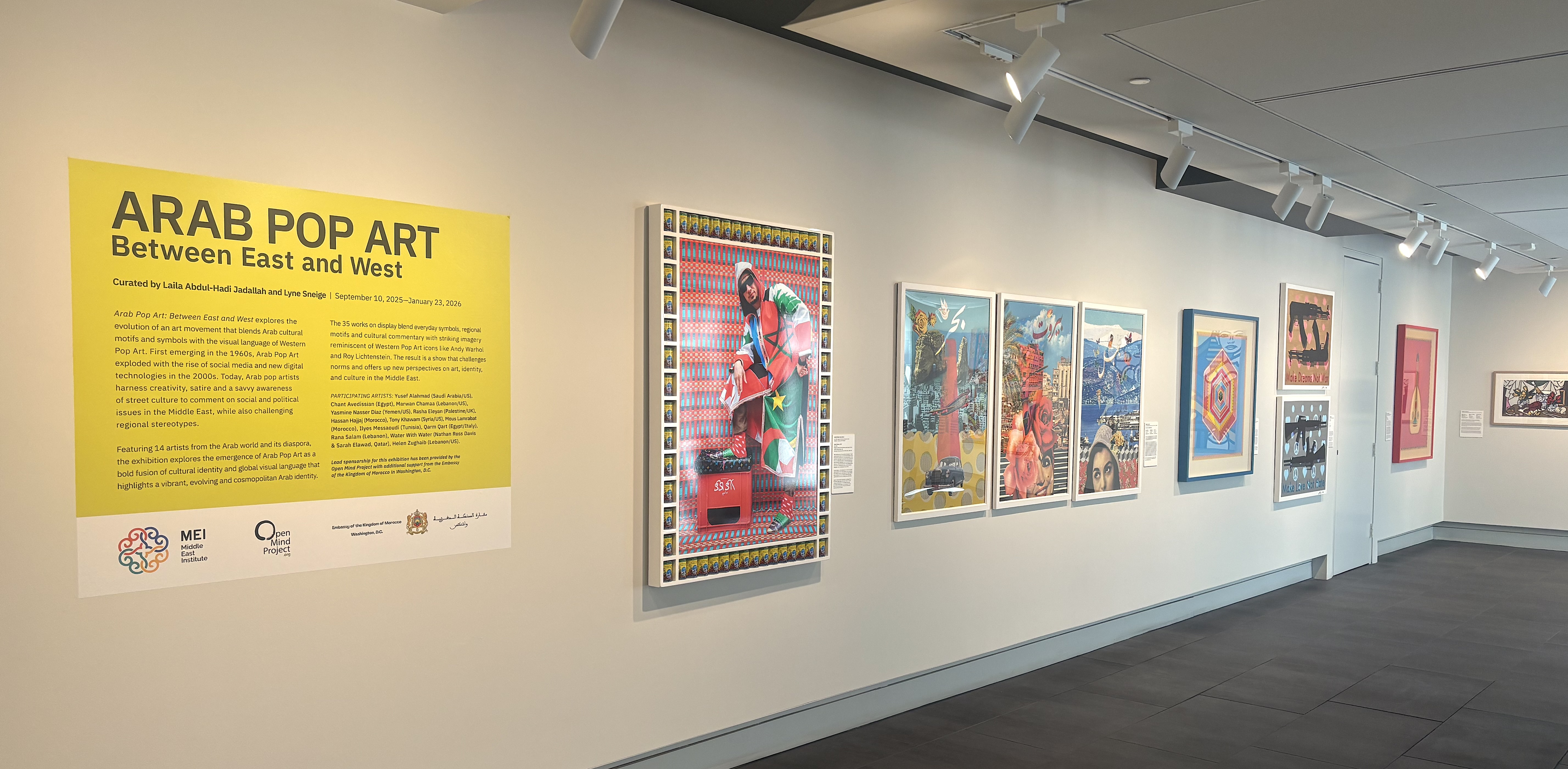Gallery shot of Arab Pop Art: Between East and West at the MEI Art Gallery.