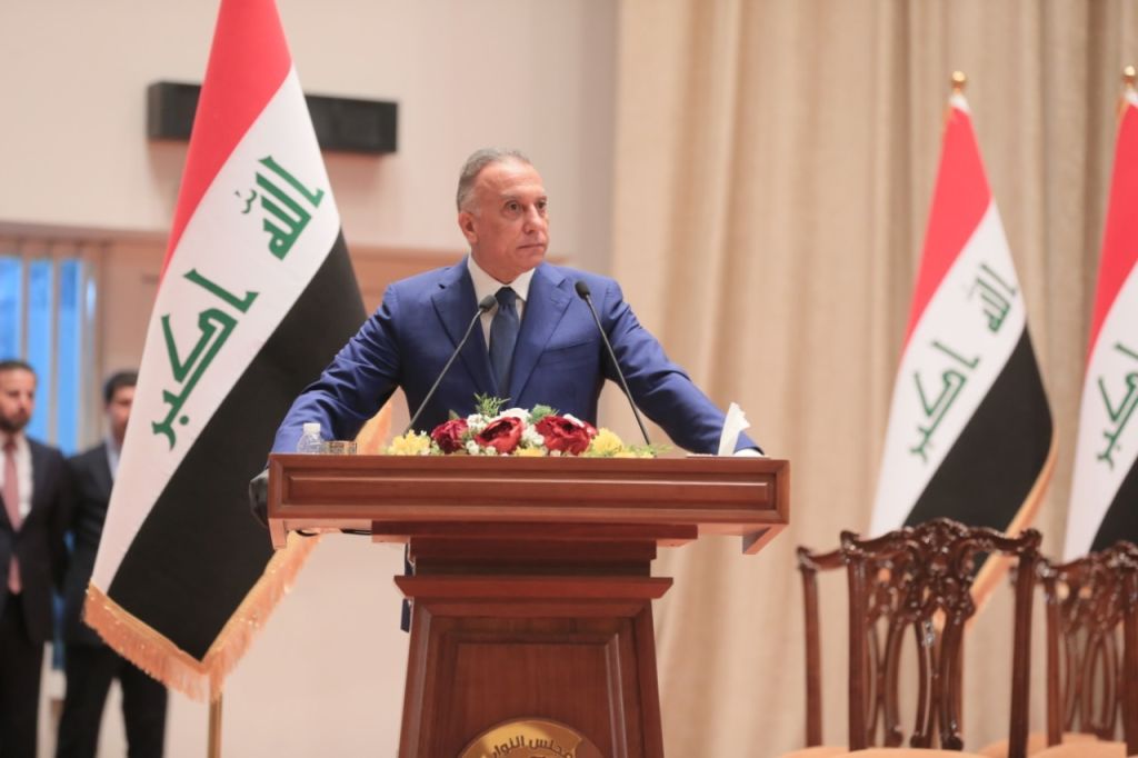 Iraqi PM-designate Mustafa al-Kadhimi makes a speech on May 6, 2020. (Photo by Iraqi Parliament/Handout/Anadolu Agency via Getty Images)