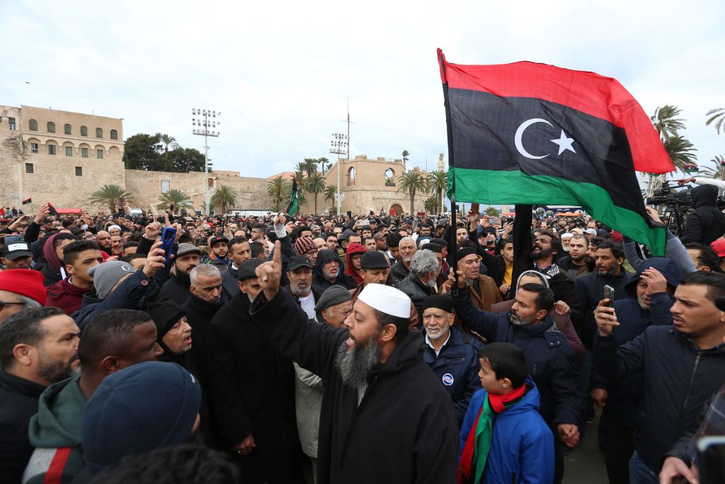 Thousands of people gather at Martyr's Square within a funeral ceremony held after an airstrike on a military school in the south of the Libyan capital of Tripoli by jets loyal to renegade military commander Khalifa Haftar, in Tripoli, Libya on January 05, 2020. 