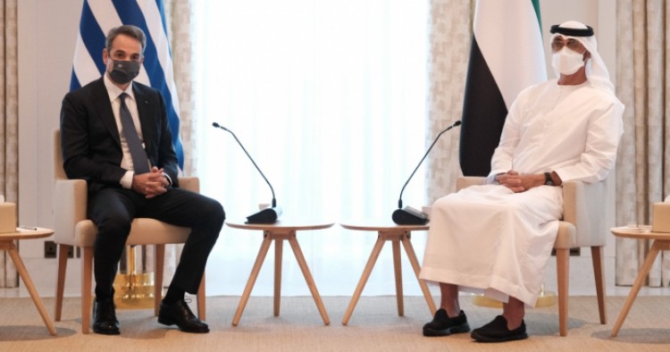 Greek Prime Minister Kyriakos Mitsotakis meets with Sheikh Mohammed Bin Zayed Al Nahyan, crown prince of the United Arab Emirates, on Nov. 18, 2020. (Photo from Greek Prime Minister's Office)