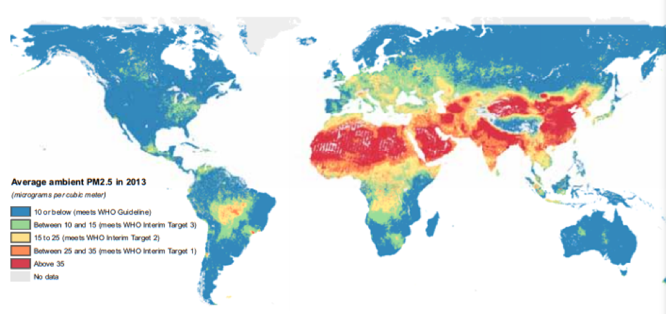Figure 1. Locations Where 2013 Annual Average PM2.5 Concentrations (µg/m3) Meet or Exceed World Health Organization's (WHO) Air Quality Guideline or Exceed Interim Targets