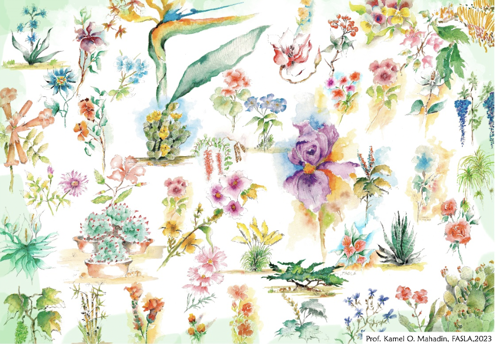 Watercolor depiction of the flora and fauna found in the architectural site.