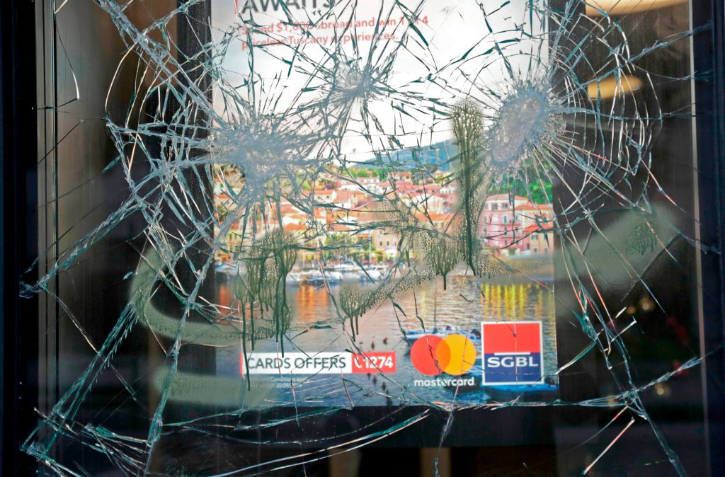 A picture shows a branch of Societe Generale bank that was vandalised the previous night by anti-government protesters in the Lebanese capital Beirut, on January 15, 2020. - Lebanese demonstrators took to the streets to demand an end to a months-long political vacuum, with police firing tear gas at the start of what protesters have billed a "week of wrath". Protesters resumed blocking major highways, before anti-riot police armed with batons and shields charged hundreds of demonstrators outside the Lebanese central bank, an AFP correspondent said. (Photo by ANWAR AMRO / AFP) (Photo by ANWAR AMRO/AFP via Getty Images)
