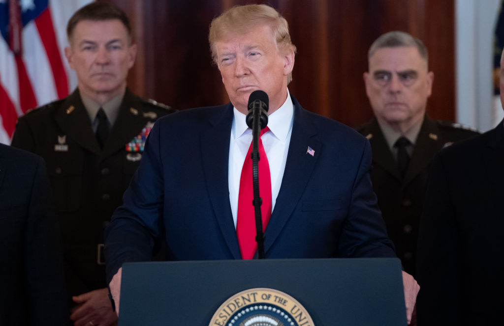 US President Donald Trump speaks about the situation with Iran in the Grand Foyer of the White House in Washington, DC, January 8, 2020. 