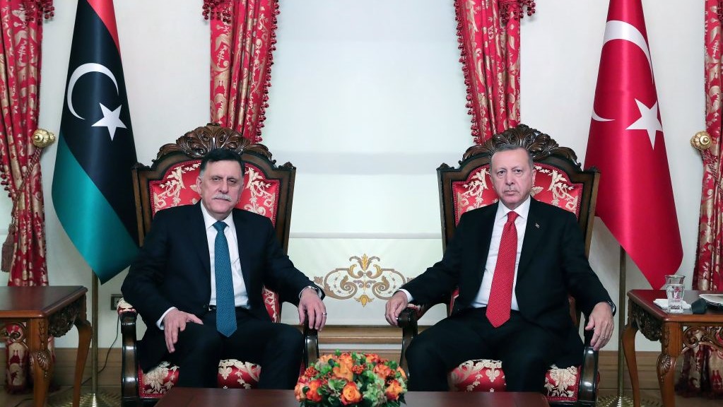 President of Turkey, Recep Tayyip Erdogan (R) meets chairman of the Presidential Council of Libya, Fayez Al-Sarraj (L) at Dolmabahce Office in Istanbul, Turkey on November 27, 2019. (Photo by Mustafa Kamaci/Anadolu Agency via Getty Images)