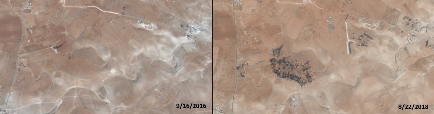 Figure 5: Open agricultural land southwest of Jarabulus with scatted oil refineries 