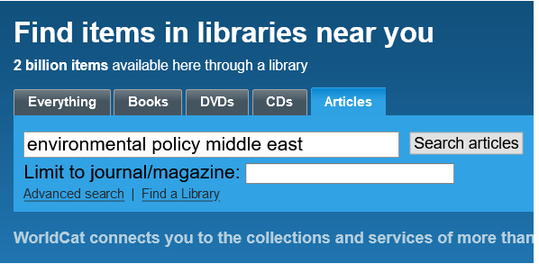 Articles search example on WorldCat