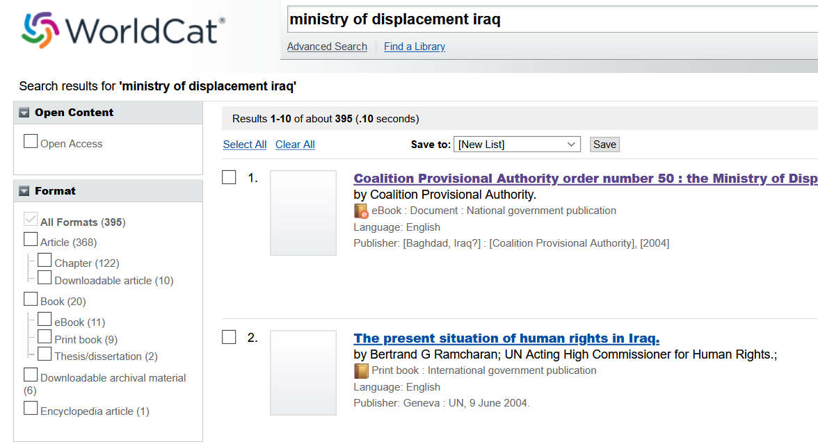 WorldCat search results