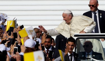 Pope Francis arrives to celebrate Mass at Zayed Sport City on February 5, 2019 in Abu Dhabi, United Arab Emirates.