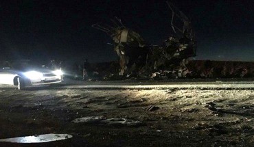 Scene of the suicide attack on a Revolutionary Guards bus on Khash-Zahedan road in Iran's Sistan and Baluchestan Province on February 13, 2019. At least 20 members of Iran's Revolutionary Guards were killed in a suicide bombing in southeastern Iran. 