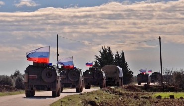 An image grab taken from AFP TV on January 17, 2019, shows a Russian army vehicles on patrol in the area of Arimah, just west of Manbij.