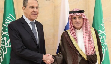 Russia's Foreign Minister Sergei Lavrov and Saudi Arabia's Foreign Minister Adel al-Jubeir shake hands during a meeting in Riyadh.