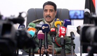 Brigadier Ahmed al-Mesmari, spokesman of the self-proclaimed Libyan National Army loyal to Khalifa Haftar, speaks during a press conference in his office in Benghazi on April 8, 2019. 