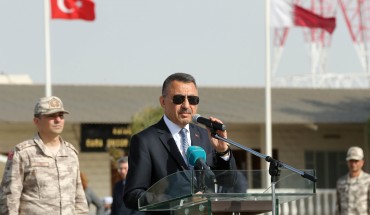 Turkish Vice President Fuat Oktay makes a speech during his visit at the Qatari-Turkish Armed Forces Land Command Base in Doha, Qatar on March 27, 2019. 