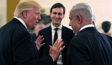 US President Donald J Trump and White House senior adviser Jared Kushner meet with Israel Prime Minister Benjamin Netanyahu at the King David Hotel May 22, 2017 in Jerusalem, Israel. 
