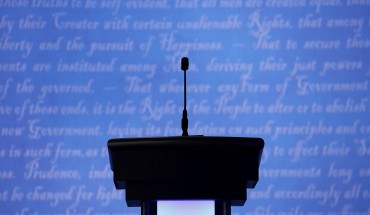 A candidates podium seen prior to the start of the third U.S. presidential debate at the Thomas & Mack Center on October 19, 2016 in Las Vegas, Nevada.