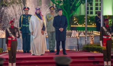 Crown Prince of Saudi Arabia Mohammad bin Salman is welcomed by Prime Minister of Pakistan Imran Khan ahead of their meeting in Islamabad, Pakistan on February 17, 2019.