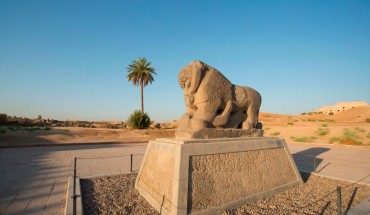 A picture taken on June 29, 2019 shows the Babel's Lion at the ancient archaeological site of Babylon, south of the Iraqi capital Baghdad.